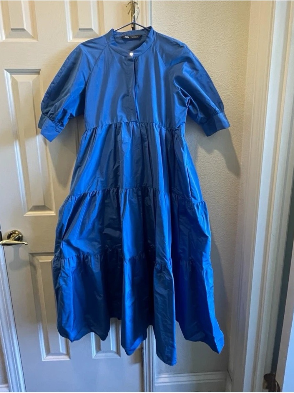 Zara Bright Blue Tiered Puff Sleeve Mini Dress